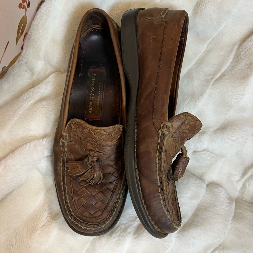 Johnston & Murphy 11M Brown Leather Woven Tasseled Dadcore Office Preppy Loafers